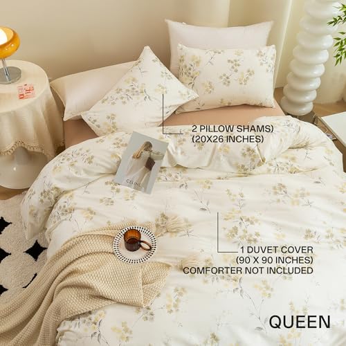 ECOCOTT Vintage Wash Painting Floral Duvet Cover Sets Queen Size,3 Pieces 100% Natural Cotton 1 Duvet Cover with Zipper and 2 Pillowcases, Ultra Soft and Easy Care Breathable Cozy Bedding Set