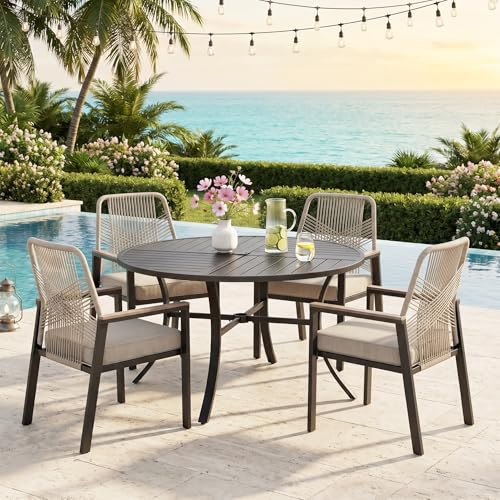 Image of 5 Pieces Patio Dining Set, 4 x Woven Rattan Chairs with Waterproof Cushion, 42 inch Metal Round Dining Table with Umbrella Hole, Outdoor Table and Chairs Set for Backyard Lawn and Deck, Beige