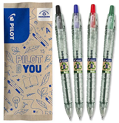 PILOT Caja de 4 Bolígrafos B2P Ecoball 1.0 - Bolígrafo retráctil y recargable - Begreen - Medio - Negro, Azul, Rojo, Verde - Punta Mediana