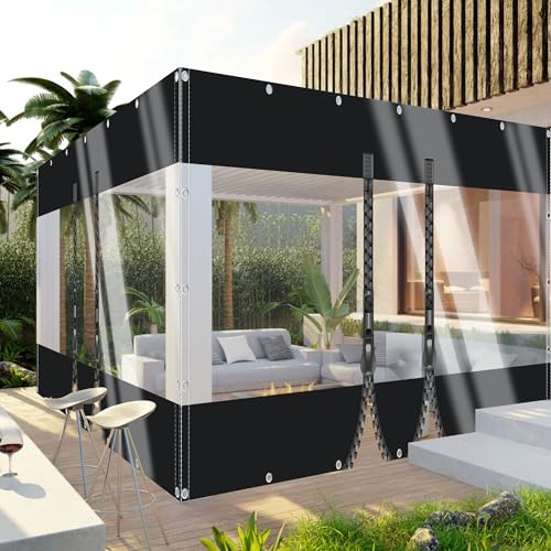 TMGJSfd Lonas Impermeables con Ojales Exterior Transparent Lona Paneles Laterales PVC 0,5mm con Cremallera para Pérgola Cenador Terraza Cubierta Cabaña. (Negro(2 Zipper) / Size: H:2m W:4m)