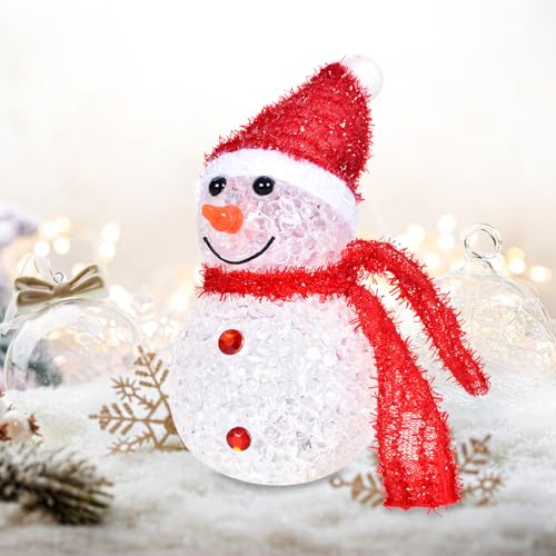 Boneco de neve luz noturna 4 peças de Natal decoração vermelha com iluminação LED, cachecol e gorro - para crianças, mesa, ar livre e relvado