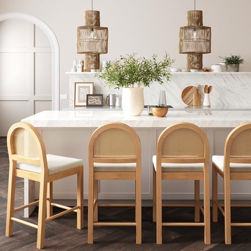 Image of Nathan James Bailey Upholstered Rattan Bar Stool in Oak Finish Frame, Counter Height Stool with Natural Rattan Woven Back For Kitchen Island, Brown, Set of 4