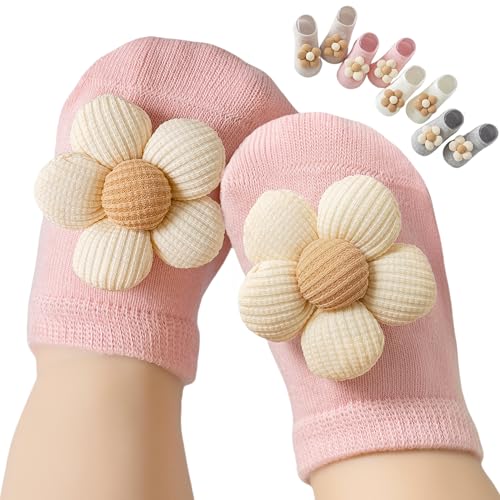 Baby Girl Socks with Non-Slip, Cute Flower Grippy Design Toddler Ankle Socks Gift for Newborn Babies Infants 4 Pairs