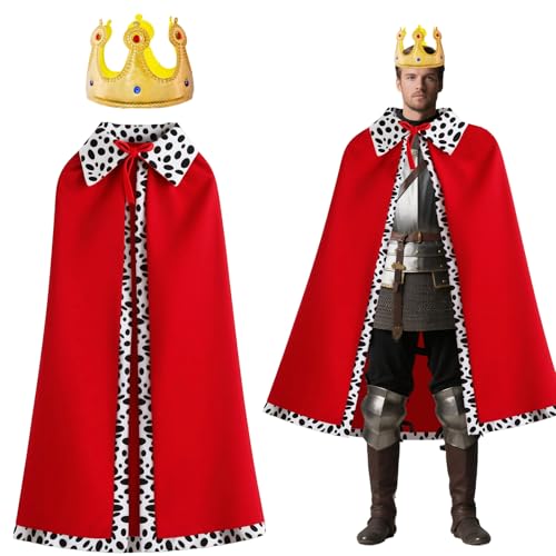 GZXUEHU Costumes de Roi Cape, Cape et Couronne, Costume Roi(Reine) pour Adulte, 130cm, pour Cosplay, Soirée à Thème, Carnaval,Femmes et Hommes