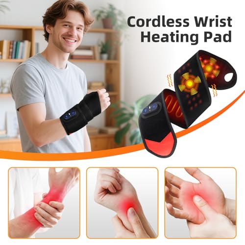 Image of Cordless Wrist Hand Heating Pad Massage for Pain Relief, Rechargeable Heated Wrist Brace for Carpal Tunnel, Red Light Therapy Heated Wrist Massager Wrap for Arthritis, Black