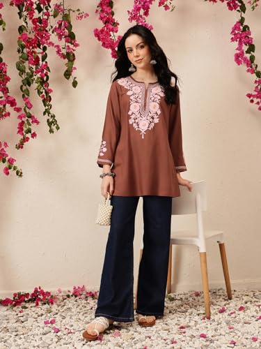 Image of QAZMI Women's Aari Embroidered Viscose Rayon Full Sleeves A-Line Flared Short Kurti