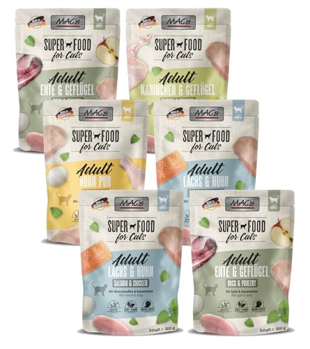 MACs Cat Pouchpack Mix 6 x 300g | 4 Sorten Mix | Getreidefrei & hoher Fleischanteil | Mit Taurin & Vitaminen | Schonend zubereitet für naturnahe Ernährung