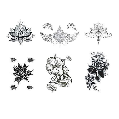 SanerLian Lotus Flowers Temporary Tattoo Sticker Waterproof Leaf Plant Women Girls Body Art Big 15X11cm Set of 6 (Design1)