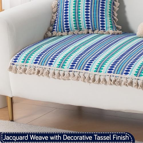 Image of HOKIPO 'Artisan Boho Series' Sofa Cover Mat with Tassel for 3 Seater Sofa | 450 GSM Thick Cotton Acrylic Jacquard Fabric, Royal Blue (IN-904-A2*S)