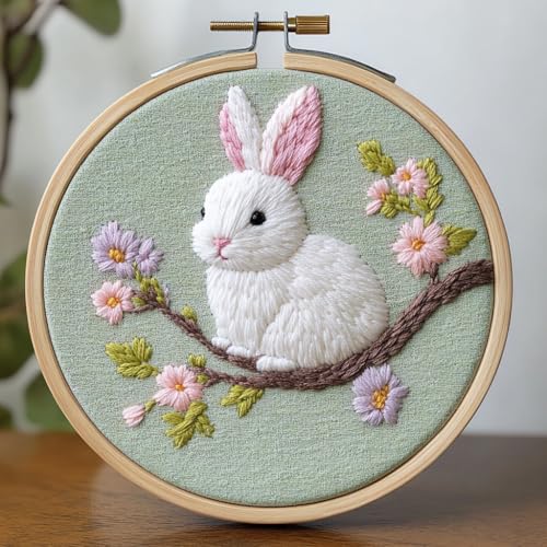 Image of Punch Needle Kit for Beginners, Punch Stitching Kit for Adults, Needle Punch Kits for Adults, DIY Embroidery Set with Rabbit on Branch for Art Crafts and Decorations