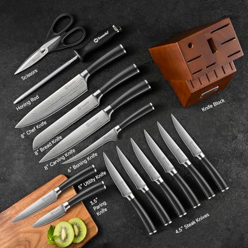Image of Sunnecko Knife Set with Block and Sharpener, 15 Pcs Kitchen Knife Block Set