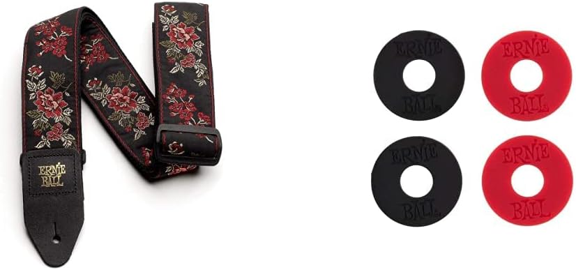 Ernie Ball Jacquard Guitar Strap, Red Rose (P04142) & Strap Blocks, Rubber (P04603)