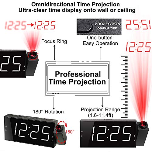 Projection Alarm Clock for Bedroom,Projector Ceiling Clock with 7”Large Digtal LED Display&Dimmer,180°Projector,USB Charger,Dual Alarms,12/24H DST,Battery Backup & Plug-in Loud Clock for Heavy Sleeper