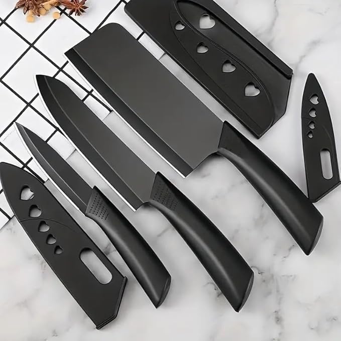 Professional Kitchen Knife Set, 3-Piece Black Chef Knives with Cover Ergonomic Handles Sharp Manual Sharpening for Home Kitchen & Restaurant (Dark Black)