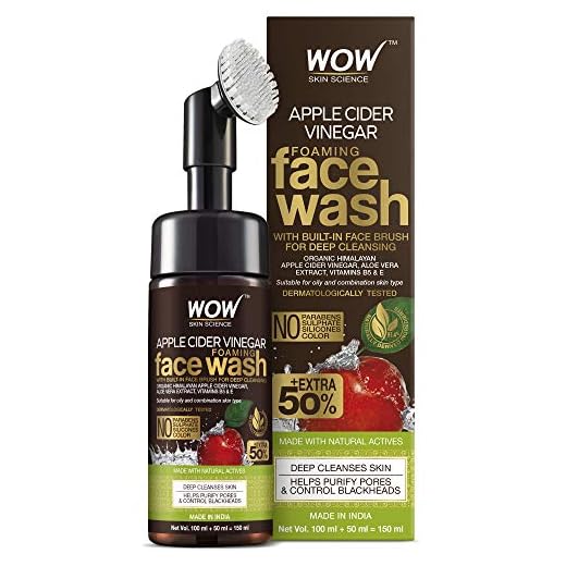 WOW Skin Science Apple Cider Vinegar Foam Exfoliating Face Wash & Brush - Facial Cleanser Acne Face Wash for Women & Men - Face Wash Oily Skin Gentle Face Cleanser - Natural Face Wash Sensitive Skin (3.4 Fl Oz (Pack of 1))