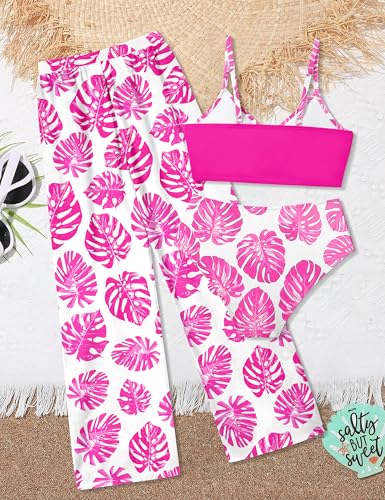 Image of Oranchids Girls Swimsuit Girl Bathing Suit Size 8-10 3 Piece Tropical Print V Neck Bikini Set with Cover Up Pants Bathing Suits for Girls Size 10 Swimsuit Hot Pink Size 9-10