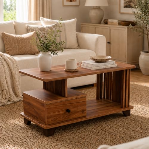 Contemporary centre table with open shelves and built-in drawer on telescopic channels. Measures 90 x 42 x 43 cm.