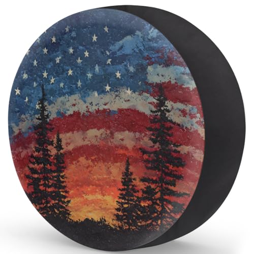 Image of Spare Tire Cover Forest Camping American Flag Wheel Covers Protectors Waterproof Dust-Proof Universal Fit Trailer, RV, SUV and Many Vehicle (17 inch for tire Diameter 31.49 inch-32.67 inch)