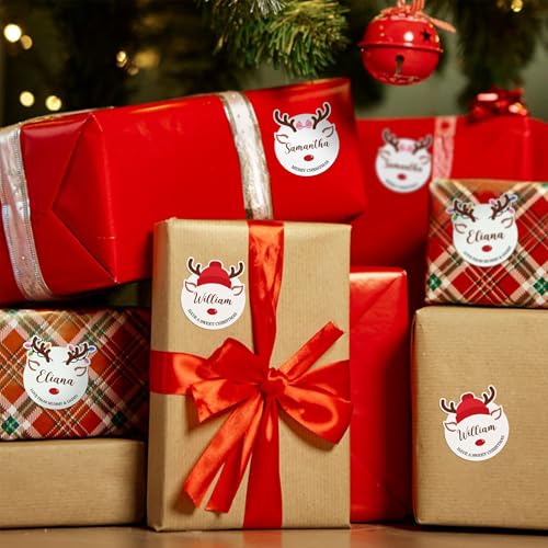 Image of 30pcs Personalized Christmas Stickers with Name, Custom Reindeer Waterproof Christmas Gift Tags for Gift Box Holiday Decorations, Stockings, Party Favors, 3 inch