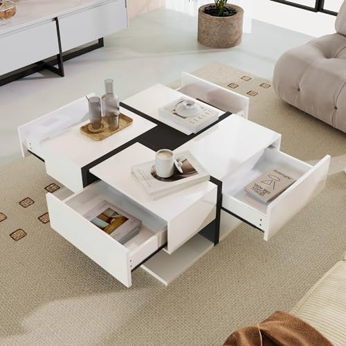 BTM Table Basse Carrée Blanche, Design Lignes, Tiroirs Rangement en Dessous, Moderne Table Basse Table d'appoint Salon, 78x78x36cm