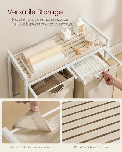 Image of VASAGLE Laundry Hamper, Laundry Basket Sorter with 2 Pull-Out and Removable Bags, Shelf, Metal Frame, 2 x 12.1 Gallons (46 L), 28.8 x 13 x 28.4 Inches, Cappuccino Beige and Natural Beige UBLH201LH01
