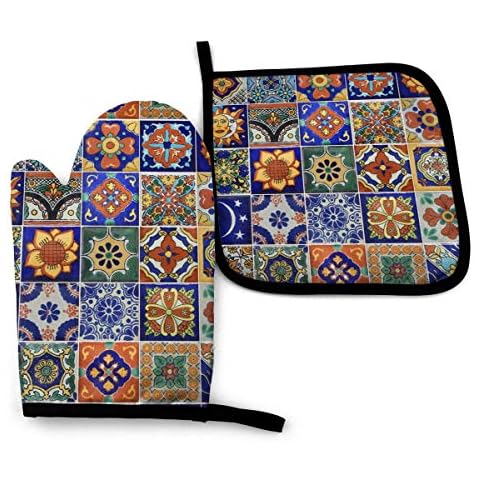 Talavera Mexican Tiles Heat Resistant Oven Mitts and Pot Holders Set for Kitchen-Soft Cotton Lining with Non-Slip Surface for Safe BBQ Cooking Baking Grilling,Machine Washable Cover