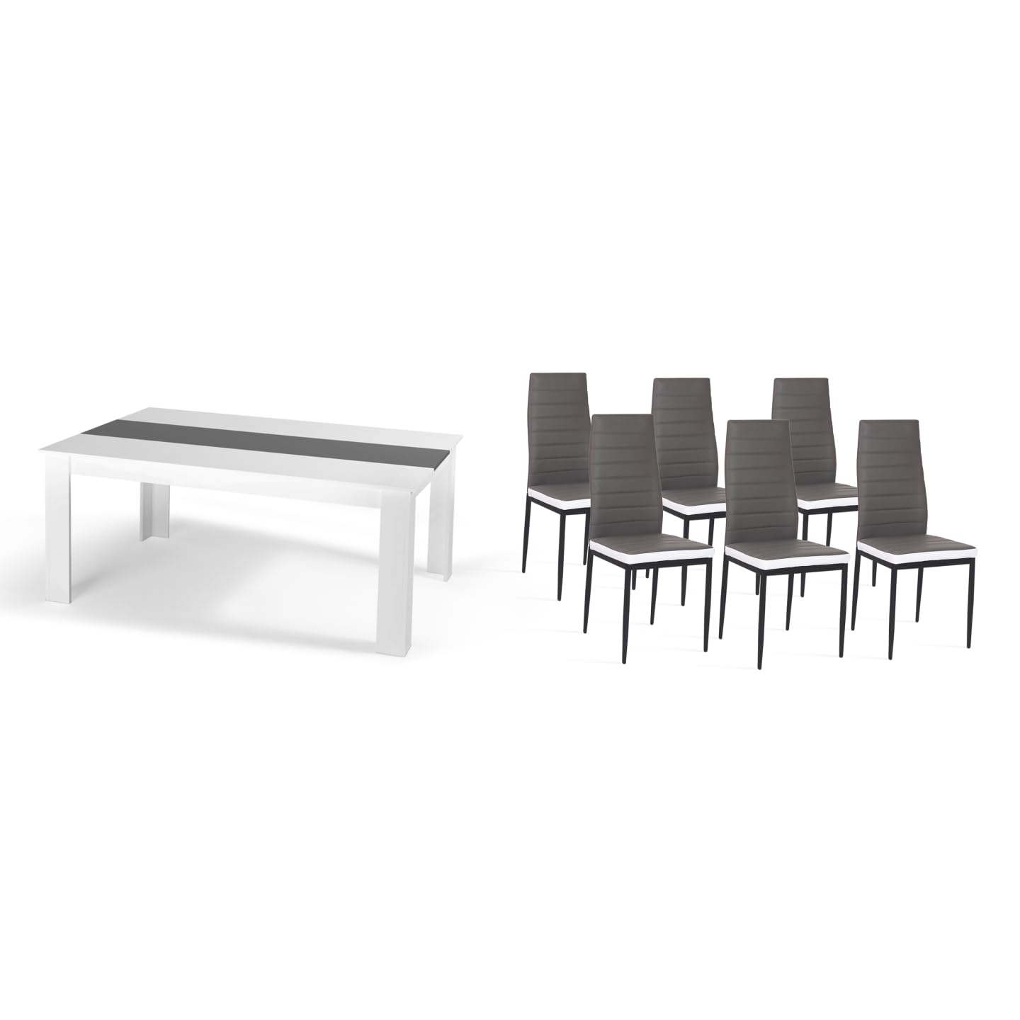 IDMarket - Ensemble Table à Manger Georgia 140 cm Blanche et Grise et 6 chaises Romane Grises liseré Blanc