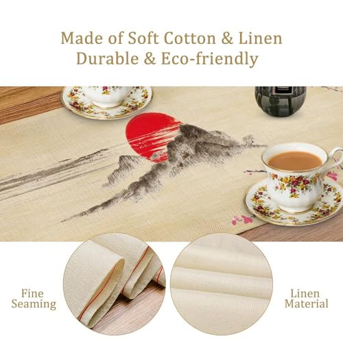 Image of Japanese Cherry Blossom Table Runner Retro Spring Landscape Mountain Plum Floral Tabletop Decor Cover for Holiday Dining Room Party 13x90 Inch