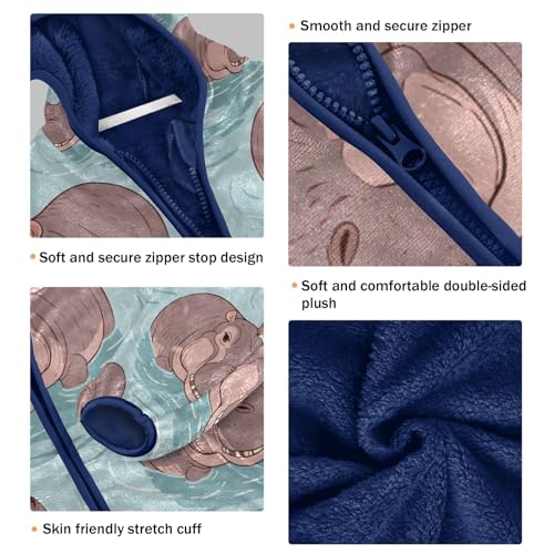 Happy Hippo Water Pattern Print Toddler Fleece Jacket Girl Boys Hooded Fleece Jacket Coat Warm Outwear Zip-up 3-10T3