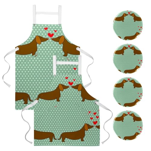 Tablier de cuisine Teckel sur pois (lot de 2) avec 4 broches incluses