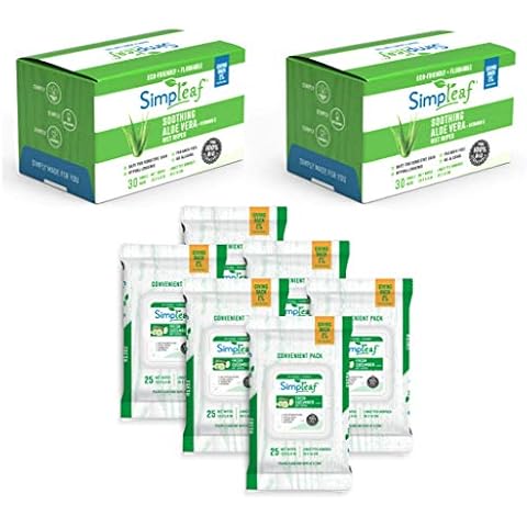 Simpleaf Flushable Single Pack Wet Wipes Aloe Vera Formula| Travel Size (60 Count) & Flushable Wet Wipes with Cucumber Scent | (25-Count) 6 Pack Cover
