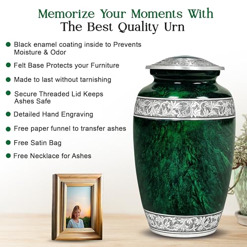 Image of Hand-Engraved Green Urn for Ashes for Women & Men with Ash Pendant & Velvet Bag | Green Marble Finish Metal Cremation Urns for Human Ashes Adult Man | Elegant Burial & Funeral Urn, Large, 220lbs
