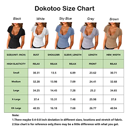 Dokotoo Women's Summer T-Shirts Basic Button Down Sexy Low Cut Scoop Neck Solid Color Tight Slim Fit Short Sleeve Henley T Shirts Casual Stretch Blouse For Women Plain Tee Tunic Tops Black M #TOP5