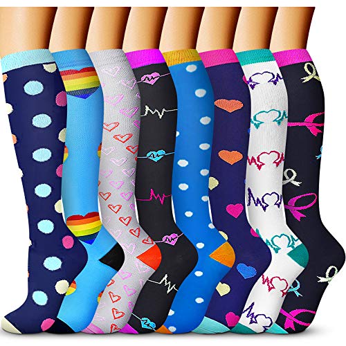 QUXIANG 8 Pairs Compression Socks for Women and Men, Sports Plantar Fasciitis Arch Support Running Gym Foot Knee High Compression Socks/Foot Sleeves Best for Running(09, Large/X-Large)