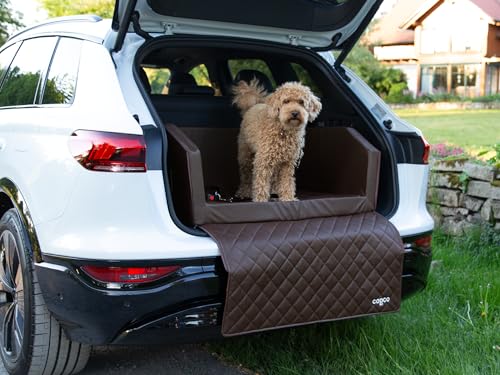 CopcoPet Hundebox Auto Kofferraumschutz Hund mit ladekantenschutz Kofferraum【Mit Tasche】 Kofferraum schutzmatte herausnehmbar - Hunde Autositz mit Anschnallsystem, hundetransportbox 90x55x38cm Braun