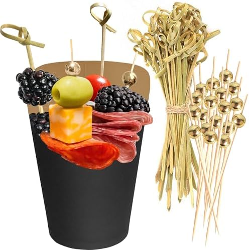 50pk 14oz Black Charcuterie Cups with 200 Sticks (2 Types) - Wide Enlarged Top Cutout for Better Display - Black Paper Charcuterie Board Cups Set