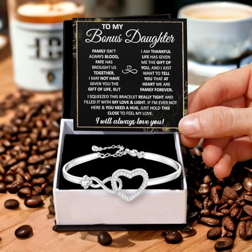 To My Bonus Daughter Bracelet, Stepdaughter Gifts From Stepmom Stepdad, Bonus Daughter Infinity Bracelet Jewelry With Message Card And Box, Christmas Valentine Birthday Gifts For Stepdaughter2