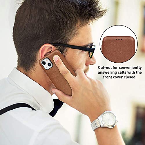 Image of PULOKA for iPhone 14 - Sleek Flip Case - Premium Vegan Leather Phone Cover with Card Slot - Slim, Durable, Privacy Protection - Kickstand Function - Elegant Flip Wallet Cases for Apple - Brown
