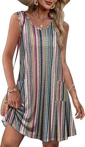 Image of elescat Womens Summer Dresses Casual V Neck Sleeveless Pockets Beach Loose Tank Sundress 2026