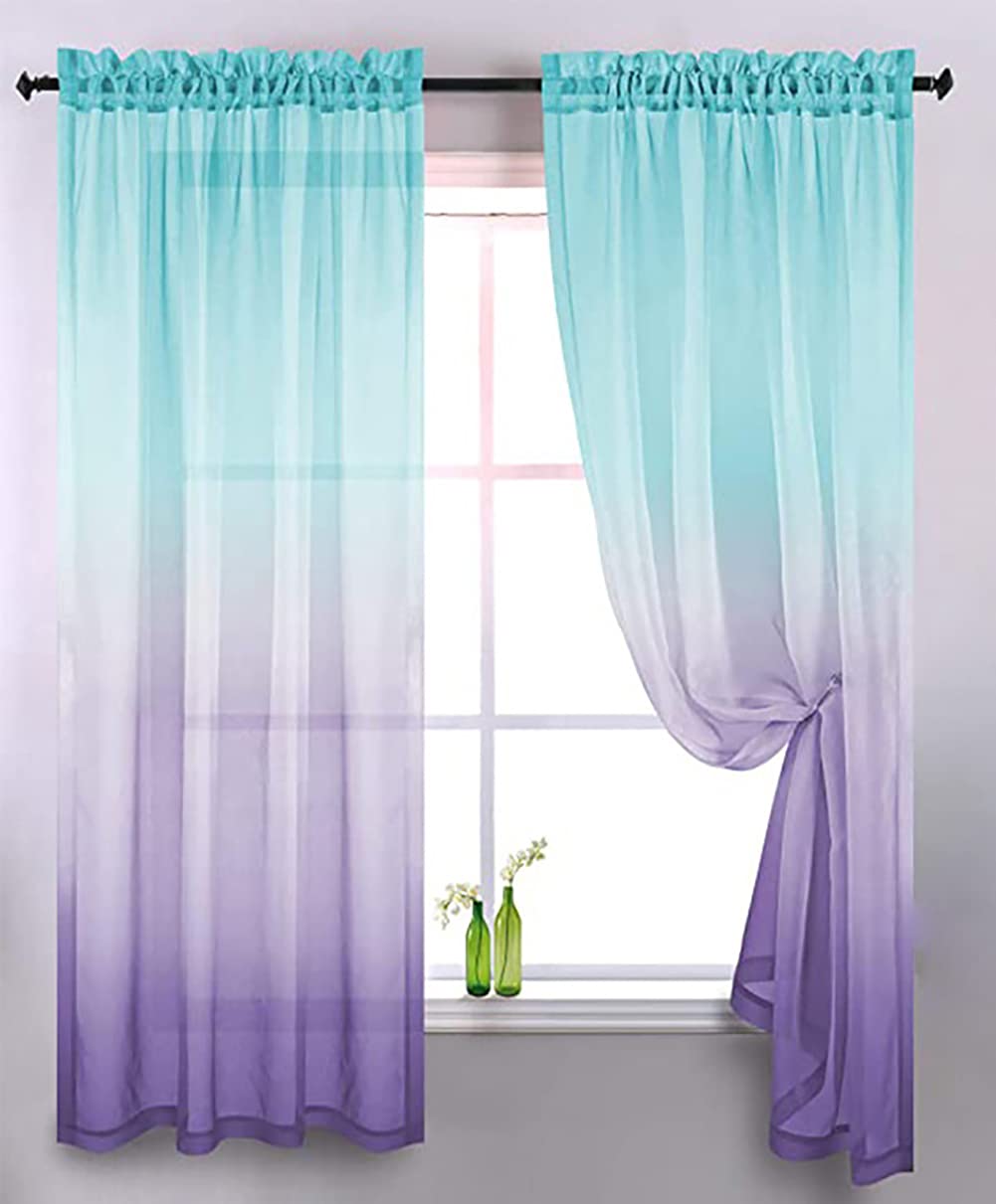 2 Stück Vorhang Gardinen Gardinenschals Transparent Sheer Voile Vorhang Durchsichtig Fensterschal für Wohnzimmer Schlafzimmer Blau Lila (mit Kräuselband) 132x213cm