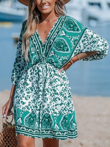 Image of CUPSHE Women's Plunging V Neck Backless Beach Dress Paisley Boho Blouson Sleeve Back Tie Waist Tie Mini Summer Dresses