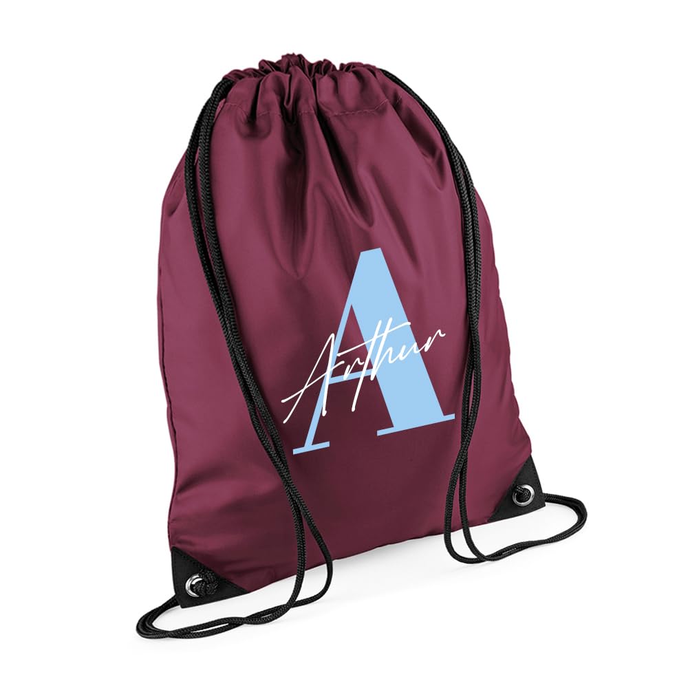 Getagift Personalised Initial with Name, Alphabet theme, Marble design, Drawstring Bag, PE Gym Kit Swimming, Sport Rucksack. (Burgundy)