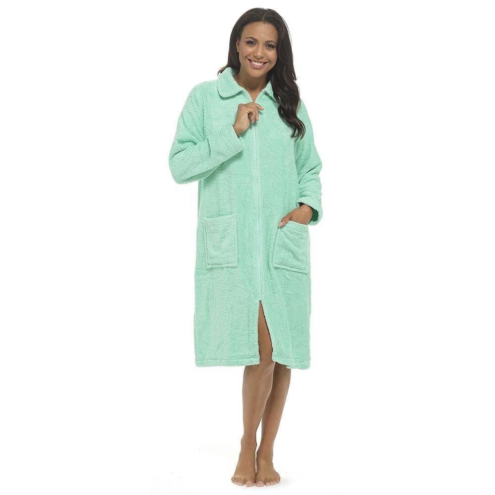 A2Z Albornoz de toalla para mujer, con cremallera frontal, 100 % algodón, con mangas largas, cremallera YKK y bolsillos profundos, bata suave y absorbente, ideal para mujeres, tallas 10-12 a 22-24