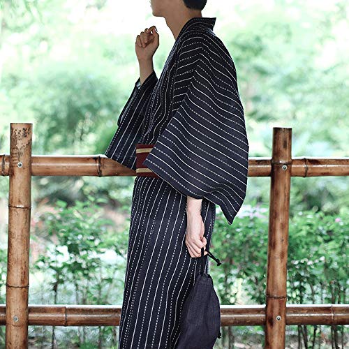 Men's Japanese Traditional Kimono Robe Long Sleeve Spa Bathrobe Easy Wearing Yukata Sleepwear Nightgown Unisex OBI Belt Set Navy Stripe4