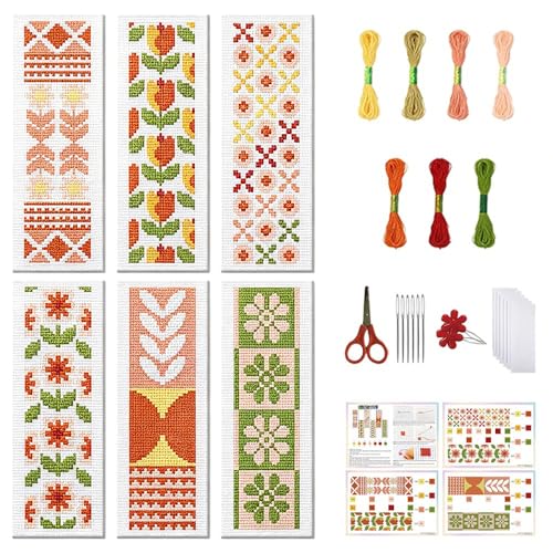 Image of FREEBLOSS 6 Set Bohemian Cross Stitch Bookmark Kit, Geometric Pattern DIY Bookmarks Cross Stitch Kits for Beginners, Stamped Embroidery Bookmarks, Cross Stitch Kits for Adults