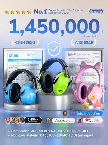 Image of Dr.meter Noise Reduction Ear Muffs, Ear Protection Noise Cancelling Headphones for Adults, Kids Autism Sensory, 31dB Hearing Protection Earmuffs for Shooting Gun Range, Mowing, Fireworks, Blue