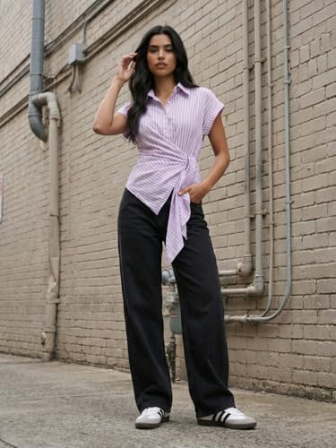 Image of Wrap Style Striped Women Cotton Shirt Drop Shoulder Casual Wear