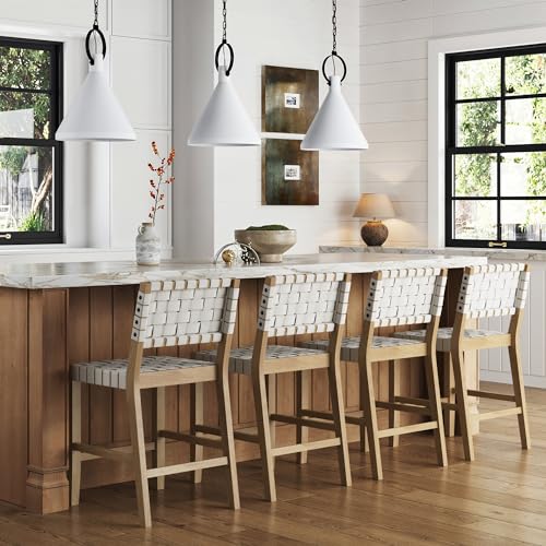 Image of Nathan James Cohen Mid Century Modern Bar Stool, Upholstered Faux Leather Counter Stool with Back and Solid Wood Legs, White, Set of 4