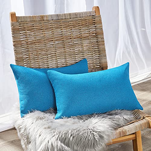 Deconovo Rectangular Cushion Covers Set of 2, Faux Linen Throw Pillow Cases for Livingroom Sofa with Invisible Zipper, 12x20 Inch, Blue Atoll