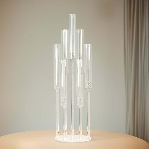 Miniatura 6 de Efavormart - Candelabro redondo de acrílico transparente de 7 brazos, soporte para velas con base circular, 33 pulgadas de alto